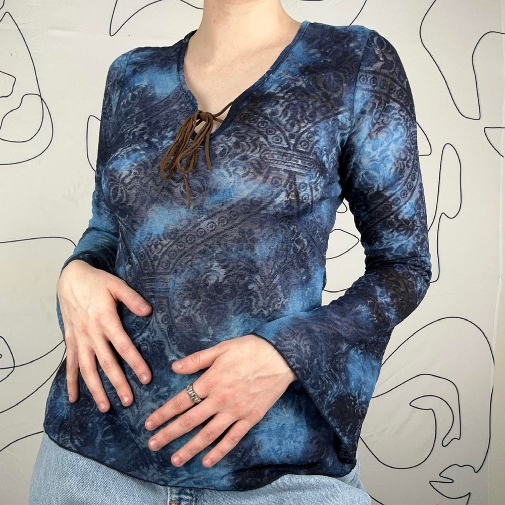 Vintage Y2K Semi Sheer Flare Sleeve Tie Front Blouse